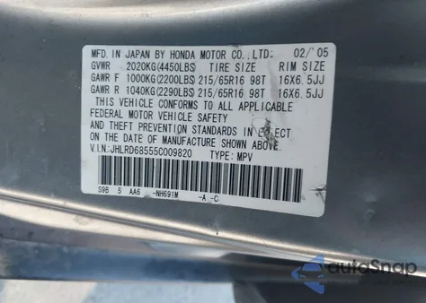 2005 Honda Cr-V Lx from USA, damaged, VIN JHLRD68555C009820